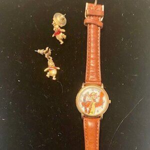 Winnie the Pooh earrings and Tigger watch with leather band